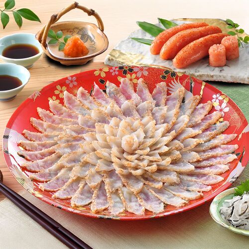 【直送品】「関とら本店」 ふくたたき刺身と辛子明太子詰合せ （真ふぐたたき刺身180g、とらふぐ皮30g、辛子明太子250g） ふく ふぐ フグ てっさ