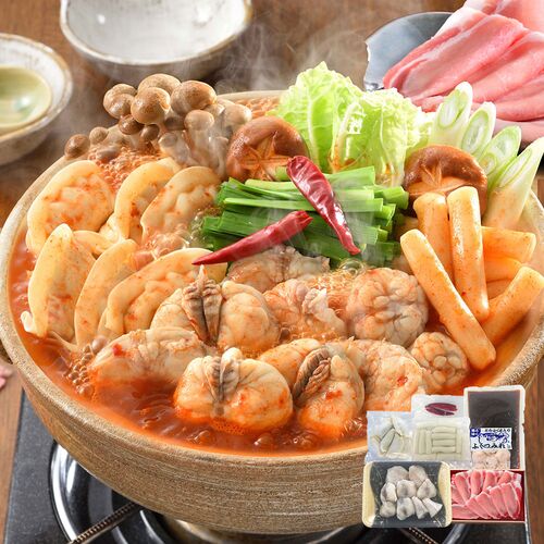 【直送品】「関とら本店」 旨辛ふくチゲ鍋黒豚しゃぶしゃぶ （ごまふぐちり250g、しゃぶしゃぶ用豚肉150g、トッポッキ100g、鍋用餃子96g、ふぐつみれ80g） ふく ふぐ フグ てっちり