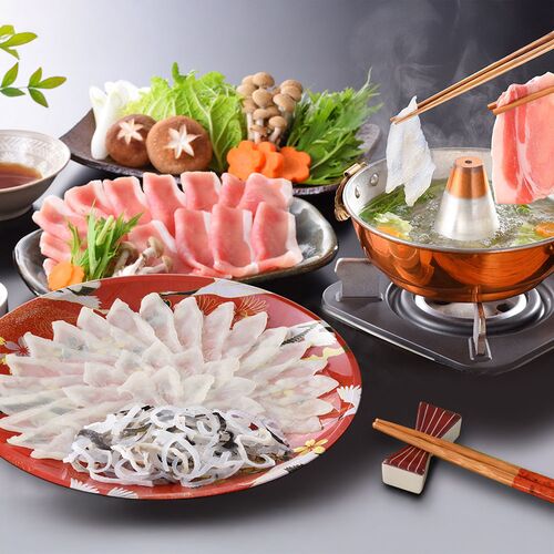 【直送品】「関とら本店」 海と丘の豚しゃぶ食べ比べ （真ふぐ霜降り刺身しゃぶしゃぶ用45g、とらふぐ皮20g、しゃぶしゃぶ用豚肉150g） ふく ふぐ フグ てっちり