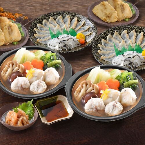 【直送品】「関とら本店」ふくたたき刺身とふく個食鍋セット （真ふぐ寄せ鍋300g×2、真ふぐたたき刺身20g×2、とらふぐ皮20g×2、ふぐ唐揚げ80g×2、とらふぐ塩辛60g×2） ふく ふぐ フグ てっさ てっちり