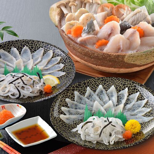【直送品】「関とら本店」 ふく薄造りとちり鍋詰合せ （とらふぐ刺身15g×2、真ふぐ霜降り刺身20g×2、とらふぐ皮20g×4、ふぐちり200g、ふぐつみれ40g） ふく ふぐ フグ てっさ てっちり