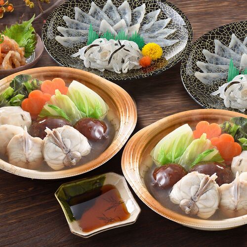 【直送品】「関とら本店」 とらふく刺身・とらふくちり個食鍋セット （とらふぐちり鍋300g×2、とらふぐ刺身15g×2、とらふぐ皮20g×2、とらふぐ塩辛60g） ふく ふぐ フグ てっさ てっちり