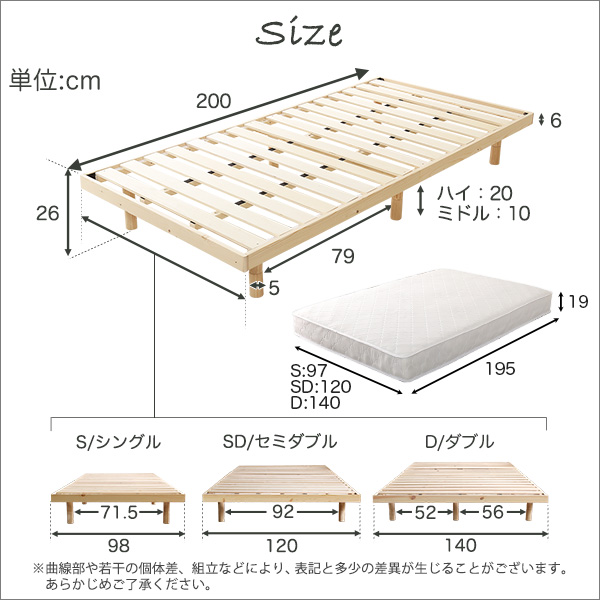 3段階高さ調節 脚付きすのこベッド(シングル) (ポケットコイルロール