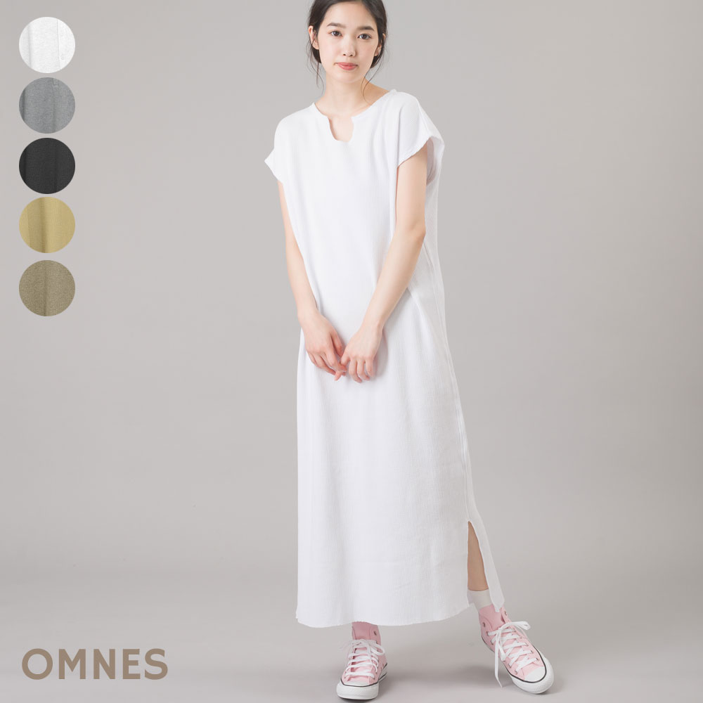 楽天市場 レディース ワンピース フリーサイズ Omnes ヘビーワッフルサーマル スリット入スキッパーワンピース ワッフル素材 ホワイト グレー ブラック カーキ ベージュ Etfil エトフィル