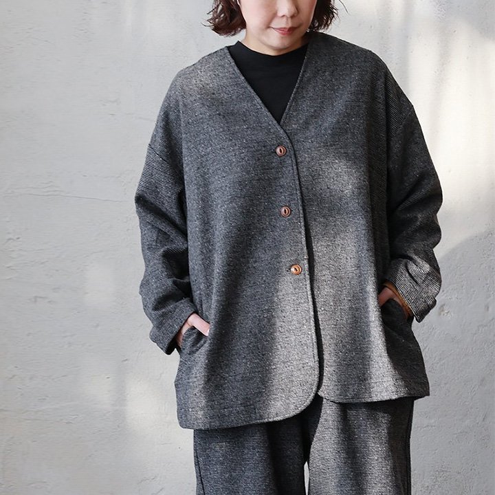 ジャケット 長袖 Vネック レディース セットアップ 千鳥格子 ポリエステル ウール 起毛 暖かい ゆったり 大きいサイズ 体型カバー カジュアル パティ COLORK カラック