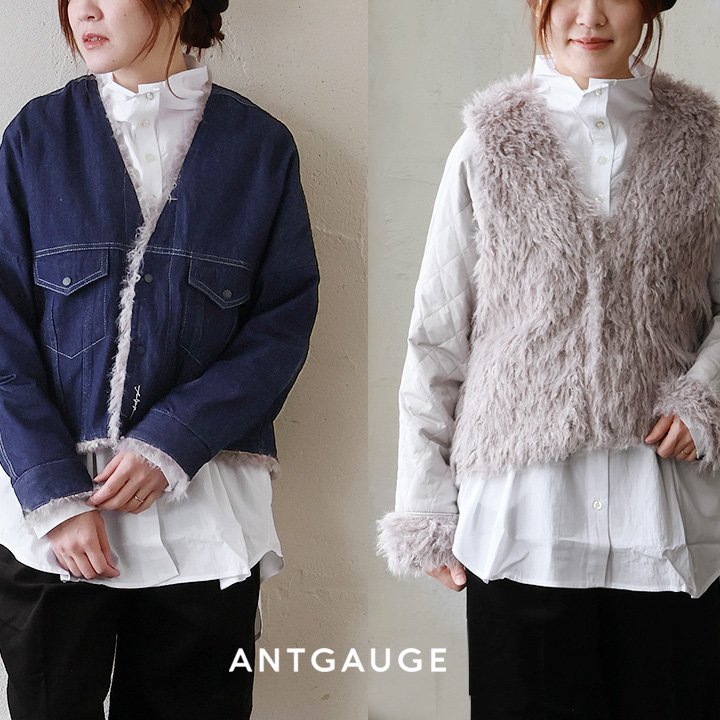Antgauge アントゲージ デニムジャケット Gジャン レディース リバーシブル Vネック 中綿 キルティング ワンポイント ロゴ 刺繍 フェイクファー 軽い 暖かい すっきり カジュアル 秋 冬 パティ|PATY