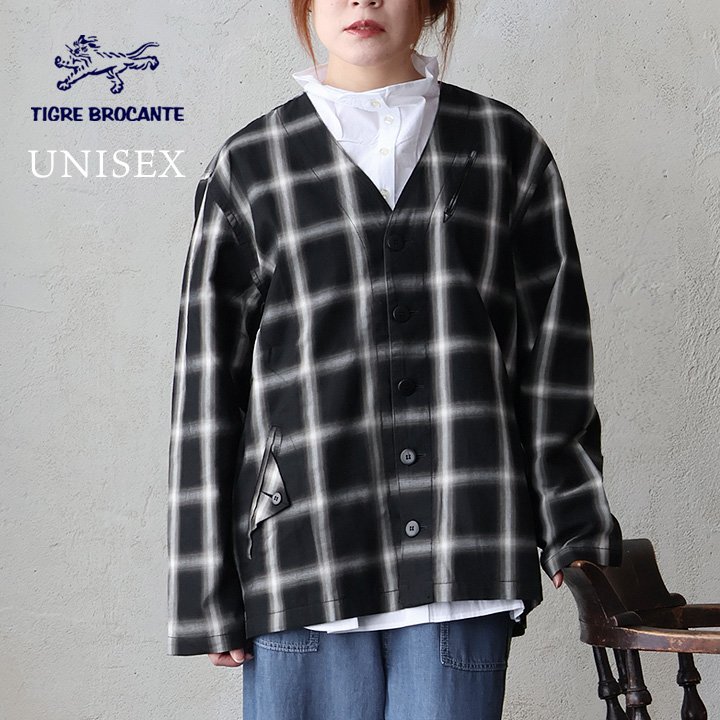 TIGRE BROCANTE ティグルブロカンテ ジレー 長袖 メンズ レディース V素っ首 オンブレ 照合のしるし柄 総柄 綿100 コットンツイル 日本製 しっかり出どころ 衣嚢 重ね着 心地好い 秋 冬 春 パティー