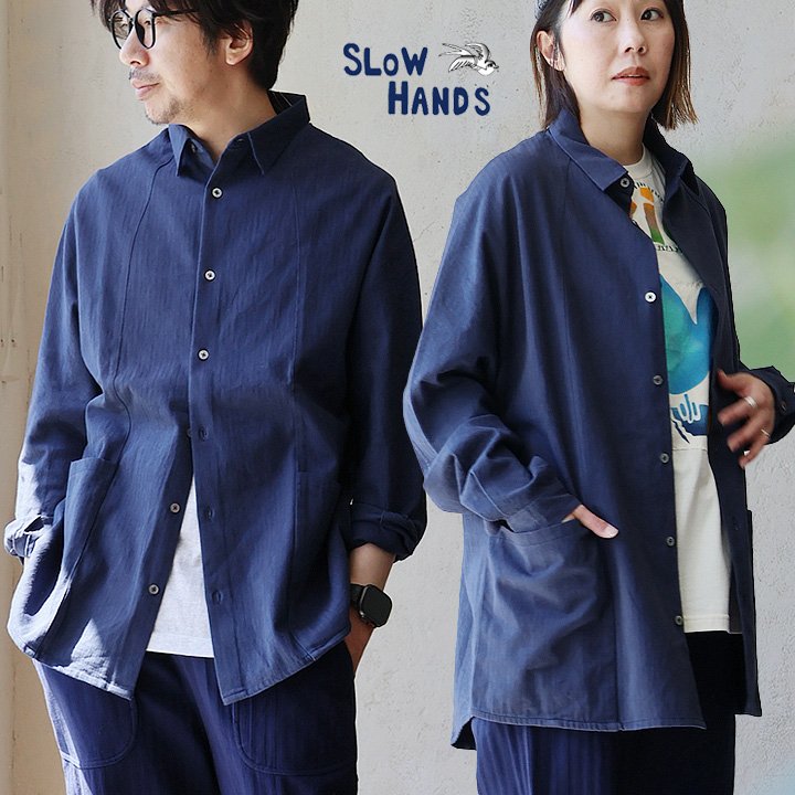 SLOW HANDS スローハンズ プルオーバー 長袖 メンズ レディース 綿100 綿織物 ツイル 杉綾模様 しっかり出どころ 衣嚢 気が大きい大きさ 体型押しかぶせる セットアップ能力のある 重ね着 心地よい パティー