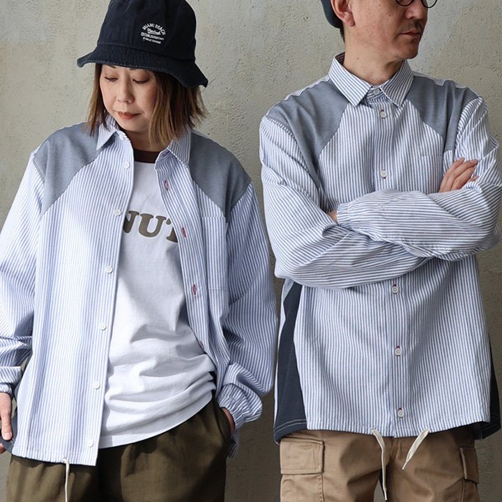 Duckster ダックスター シャツ 長袖 メンズ レディース ストライプ 配色 無地切り替え コットン ポリエステル 布帛 ハリ しっかり生地 軽い 裾ひも 重ね着 大きいサイズ 体型カバー カジュアル 春 パティ