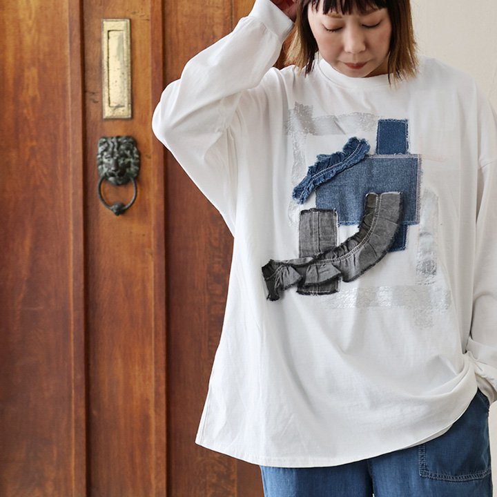 Tシャツ ロンT 長袖 レディース ワイド しっかり 丈夫 コットン 重ね着 丈夫 デニム パッチワーク 大きいサイズ 春 夏 秋 冬 tシャツ ティーシャツ トップス カジュアル パティ 6,518円