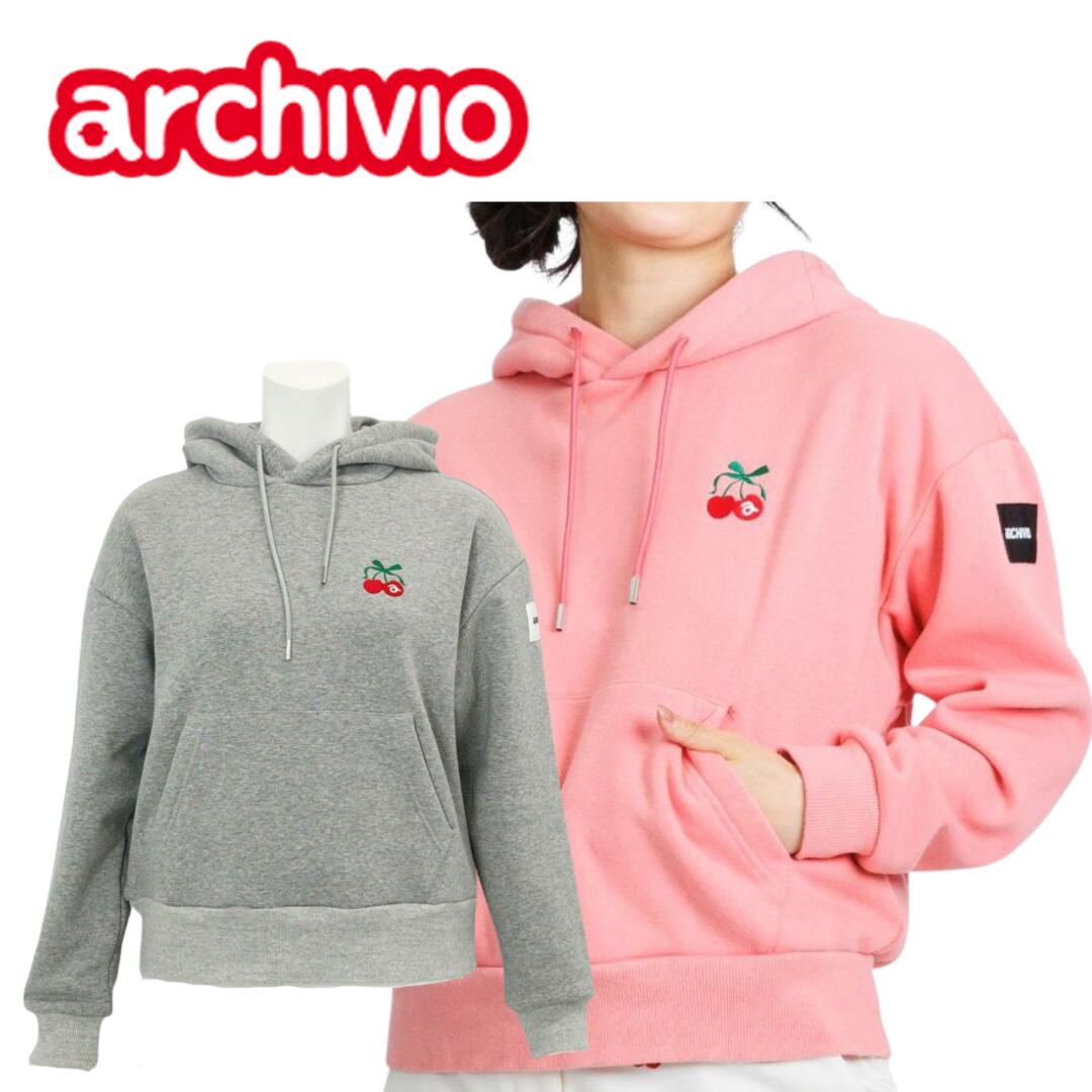 【送料無料】 archivio アルチビオ チェリー柄裏起毛パーカー レディース ゴルフ ウェア スウェット トレーナー 裏起毛 保温 防寒 38/40 M/L ピンク グレー A519109｜Pauls　for　green