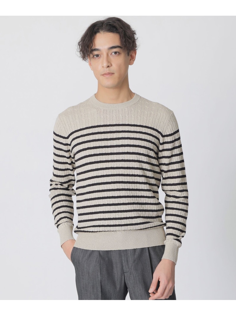 ボーダー柄ケーブルクルーネックセーター Paul Stuart ポール・スチュアート トップス ニット ベージュ ネイビー【送料無料】[ Fashion]
