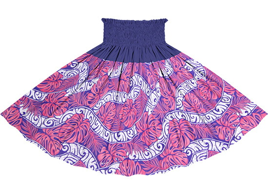 切り替えパウスカート ピンクのモンステラ カヒコ柄とナイトブルーの無地 丈とゴム本数が選べる Ykpau 23pi フラダンス衣装 ロック仕上げ ブルーパープル Maneshpadmayil Com