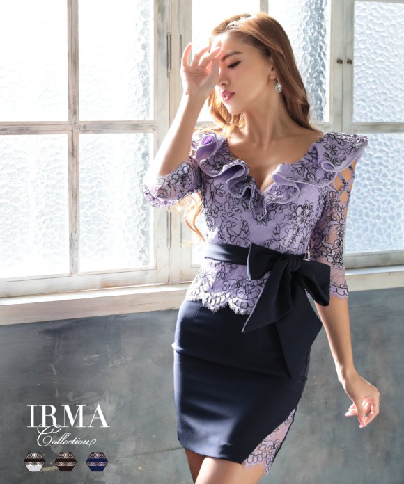 【2000円OFFクーポン対象】 IRMA ドレス 95582 キャバドレス ミニ 大きいサイズ あり ワンピース 袖あり 五～七分袖 タイト ミニドレス ミニ丈 IRMA ドレス ナイトドレス セクシー 無地 レディース スナック クラブ 女性 大人