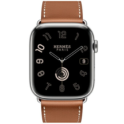 Apple Apple Watch Hermes Series9 45粍 GPS+Cellular真似形 MRQP3J/A+MKG53FE/A A2984【シルバーステンレススチールケース/(ゴールド)ヴォー・スウィフト・シンプルトゥールレザーストラップ】 [中古] 【当社３