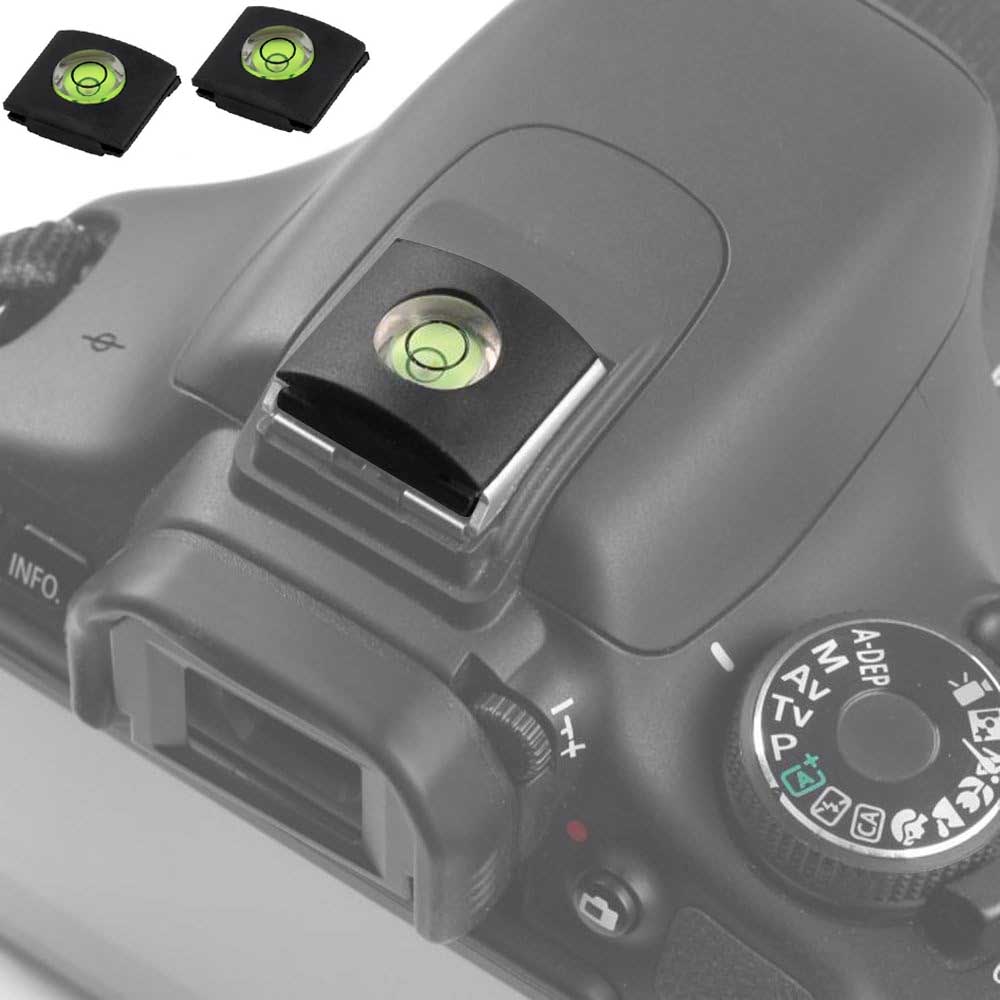 Set of 2 camera hot shoe covers with level, compatible with Canon, Nikon, Panasonic, Fujifilm, Olympus, Sigma, and Pentax DSLR/SLR cameras.