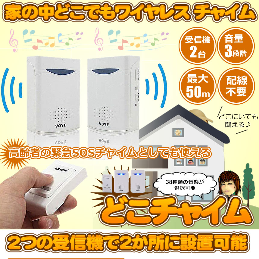 ワイヤレスチャイム送信機1個受信機2個セット無線部屋枕元呼び鈴呼び出し介護防犯電池式配線不要tecc-chime01【メール便発送】
