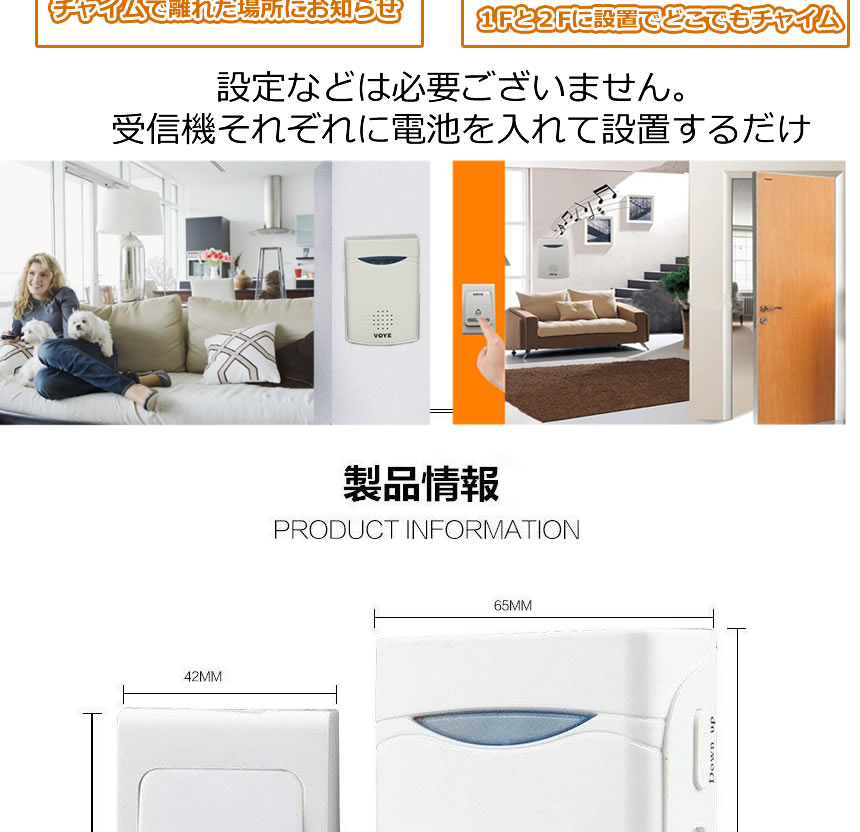 ワイヤレスチャイム送信機1個受信機2個セット無線部屋枕元呼び鈴呼び出し介護防犯電池式配線不要tecc-chime01【メール便発送】