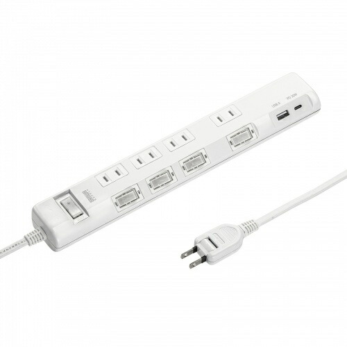 【送料無料】 サンワサプライ TAP-B107UC-3W 節電タップ（2P・4個口・3m・ホワイト） 【在庫目安:お取り寄せ】| 電源タップ サーバー用電源タップ サーバー 電源コード タップ 電源 コンセント コード