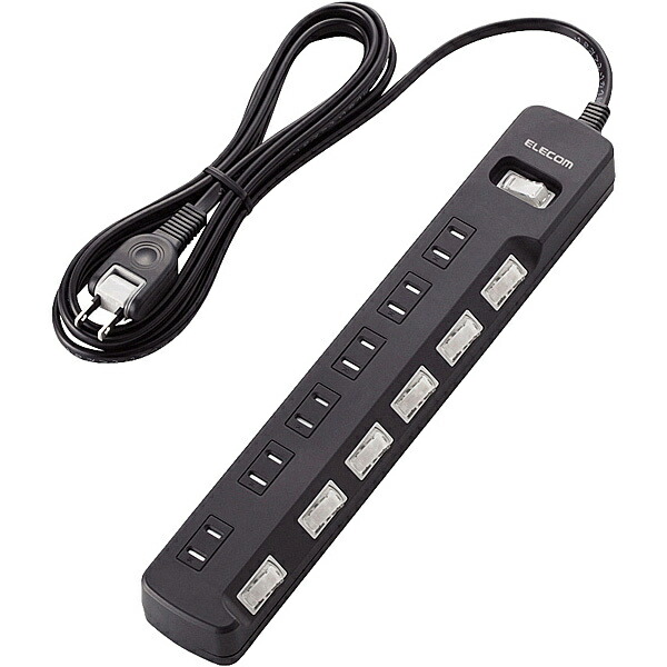 【送料無料】 ELECOM T-K8A-2625BK 雷ガードタップ/ 一括＆個別スイッチ/ ほこり防止シャッター付/ 6個口/ 2.5m/ ブラック 【在庫目安:お取り寄せ】| 電源タップ