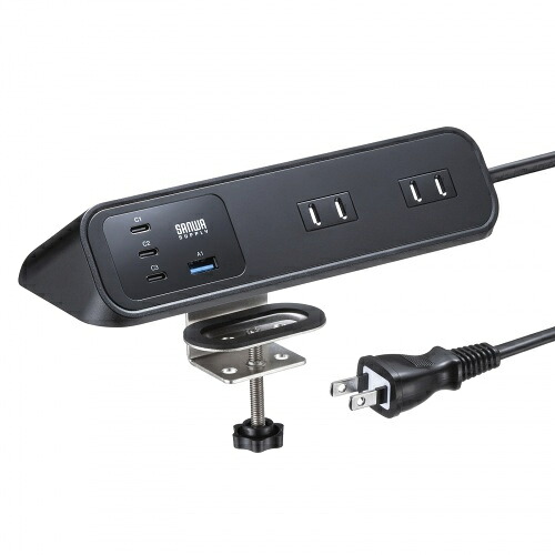 【送料無料】サンワサプライ TAP-B114UC-2BK クランプ固定式タップ(AC4個口+USB-C×3+USB-A×1・PD65W・ブラック)【在庫目安:お取り寄せ】|デジタル百貨店PodPark店