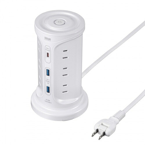 【送料無料】 サンワサプライ TAP-B112C1A2W USB充電機能付きタワー型タップ ホワイト 【在庫目安:お取り寄せ】