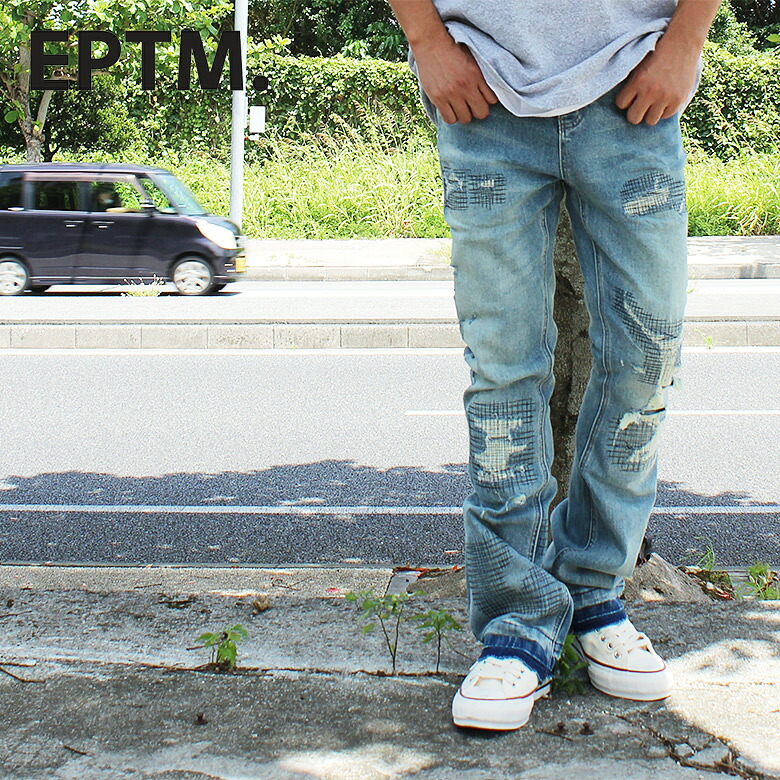EPTM エピトミ ジーンズ - デニム Flare Jeans フレアジーンズ ブルー メンズ ダメージジーンズ Gパン EP10917 アメリカ 人気 ブランド 安い ストリート モード アメカジ HIPHOP ヒップホップカジュアル アウトドア スポーツ US 大人カジュアル オールシーズン｜PCH［ストリート系ルード］