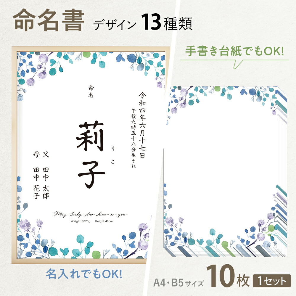 命名書 命名紙 用紙のみ 漢字 オシャレ ポスター 10枚セット 全13種 赤ちゃん 名前 誕生日 出生体重 両親 名入れセミオーダー サイズ B5サイズ 別倉庫からの配送