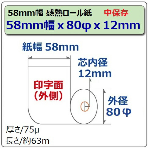 BUSICOM58mm×80φ×12mm《中保存》感熱ロールペーパー30巻【王子イメージングメディア】【1巻/約117円(税込)】ST588012-30N