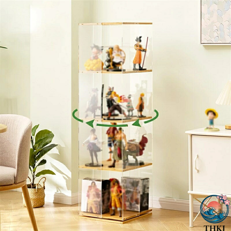 【全品2点で5%OFF】回転 コレクションケース ショーケース コレクションキャビネット アクリル フィギュアケース コレクションボード フィギュア グッズ 竹枠 アクリル 大容量のストレージ コレクションラック リビングルーム、書斎、手工芸品店などに適しています