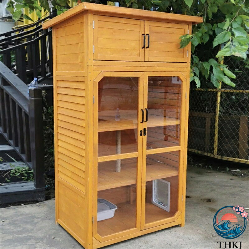【全品2点で5%OFF】4段大型木製猫用 屋外猫用囲い 耐候性屋根付き 屋内外猫用 換気透明ドア オレンジ