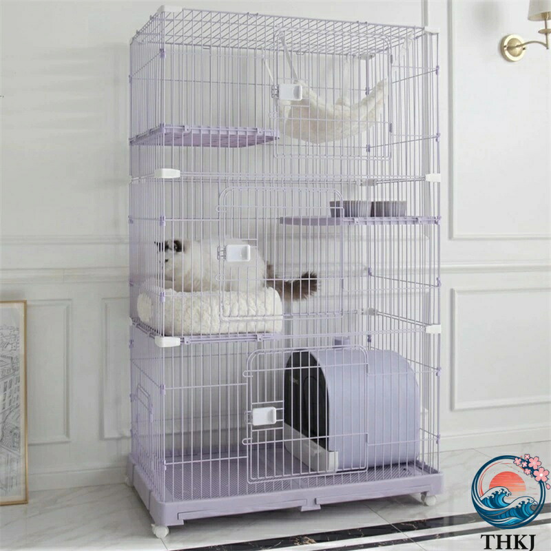 【全品2点で5%OFF】3段ワイヤー猫ケージベビーサークル小屋、広いスペース110 X 58 X 176 cm、1～3匹の猫用、紫色の猫クレート