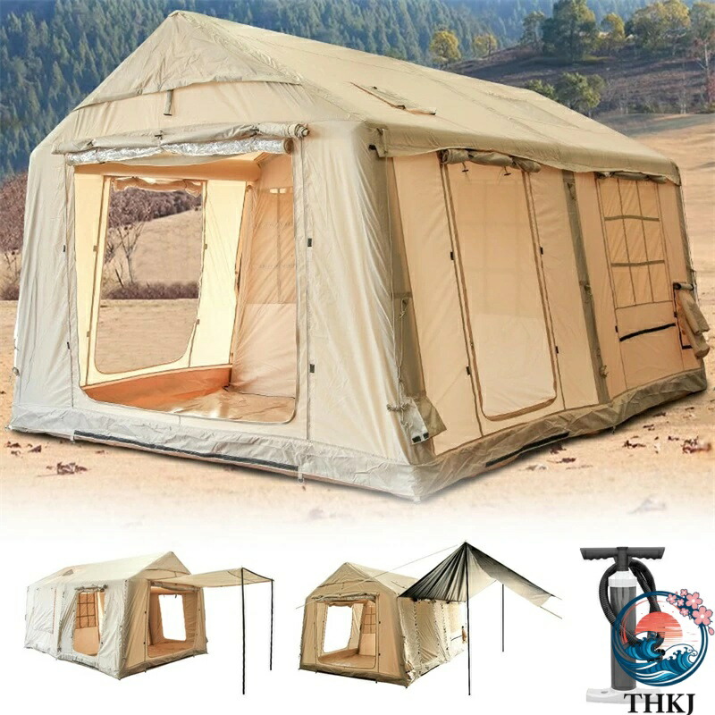 【全品2点で5%OFF】エアーテント 大型 1-8人用 12平米 240CM高い インフレータブルテント 420D防水 ポンプ付き アウトドア キャンプ ロッジテント 収納袋付き 煙突穴付き 設営簡単 通気防蚊虫 uvカット ファミリー 日除け おしゃれ
