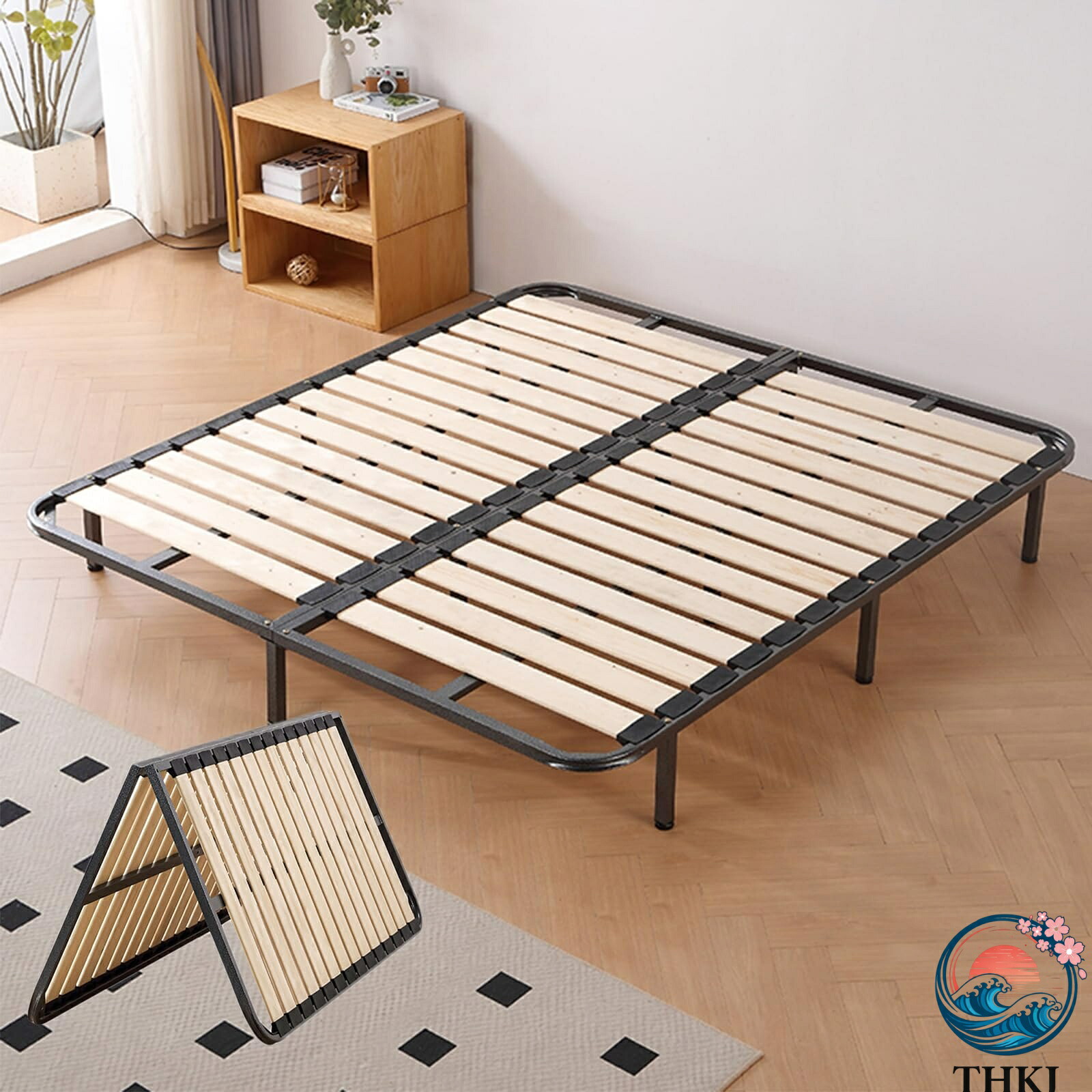 【全品2点で5%OFF】すのこベッド セミダブル ベッド シングル 折りたたみベッド 布団の下に敷く ベッドフレーム すのこ クイーン クイーンベッド ベッドフレーム シングル 実木スラット 加厚スチールフレーム 安定性 静音 環境に優しい 180x200cm