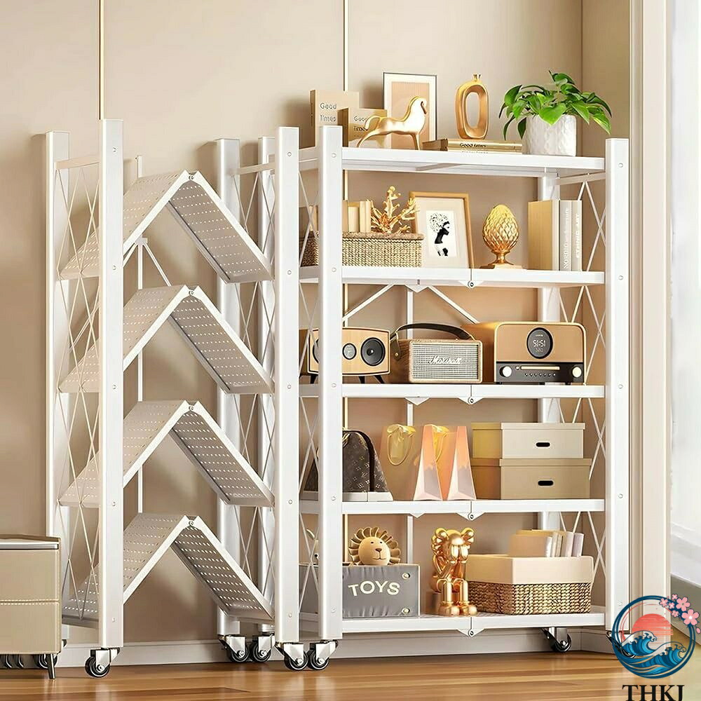 【全品2点で5%OFF】ラック 収納棚 スチールラック 折りたたみ キッチン棚 大容量 キャスター付き 移動可能 組立簡単 完成品 家庭用 オープン棚 金属製 頑丈 省スペース リビング 寝室 書斎 電子レンジ棚(ホワイト 4層)