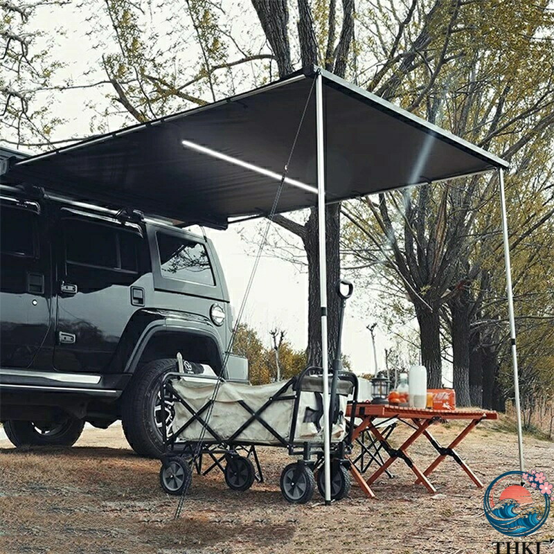 【全品2点で5%OFF】車 サイドオーニング カーサイドタープ カーオーニング LEDライトバー付き アルミ合金ハウジング リップストップ200Dオックスフォード生地 UPF50+防水PU 5000mm 車/SUV/トラック/バン用