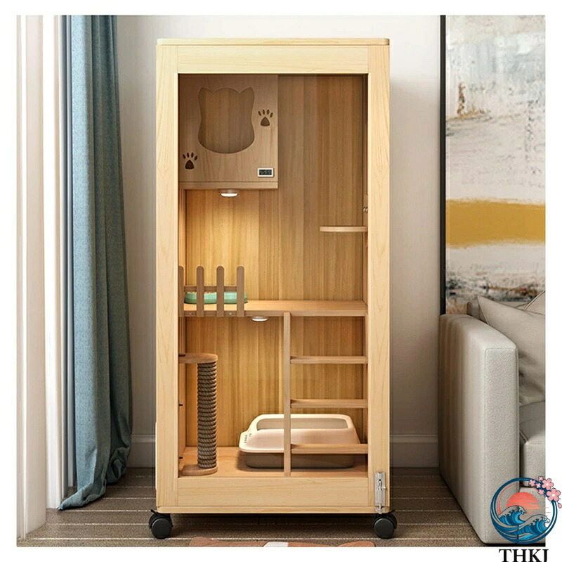 【全品2点で5%OFF】60*60*120cm 猫 ケージ 無垢材 大型猫 ケージ 天然木 猫 ハウス 多頭飼い 猫穴と爪とぎポスト付き 強化ガラスフロント、良好な視界 猫の本能を満たす 自在車輪付き 3段 キャットケージ 脱走防止