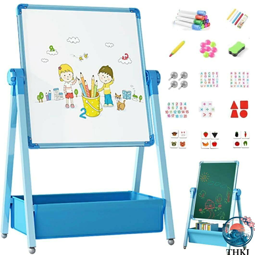 【全品2点で5%OFF】お絵かきボード 黒板 子供用 大画面 収納袋付き イーゼル 98-165cm高さ調整可能 360度回転 磁気筆書板 両面使用 鉄製 折りたたみ式収納 絵画 お絵描き おもちゃ 知育玩具 入園祝い 誕生日 贈り物 女の子 男の子 ブルー 63×93cm