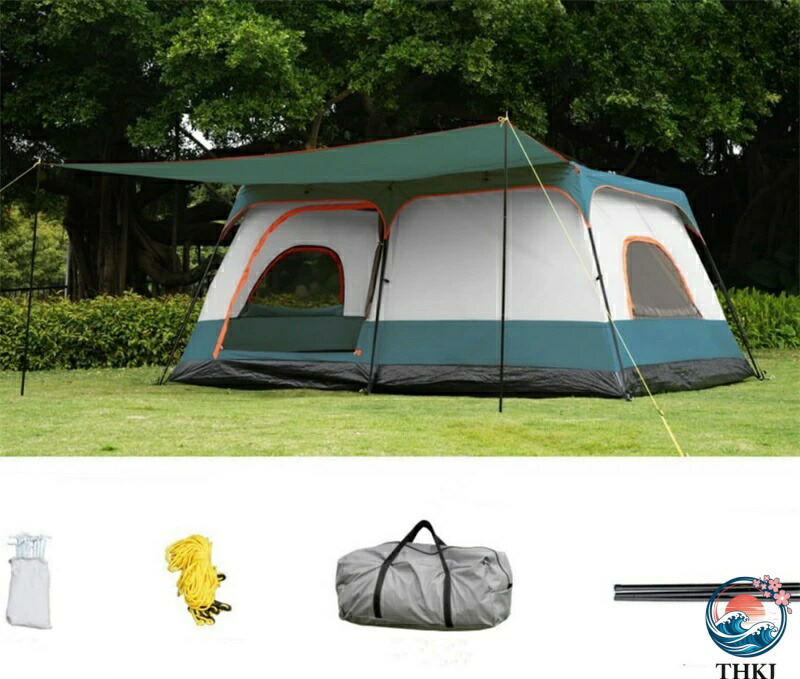 【全品2点で5%OFF】キャンプ防水用ファミリーテント リビングルームと独立した部屋付きテント THKJ キャノピーテント リビング+２ルーム付き 4-6人 8-12人用