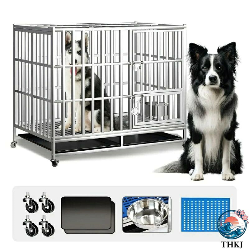 【全品5%ポイント】犬 ケージ 小型犬 中型犬 大型犬 ステンレス鋼製 犬ゲージ 頑丈な犬用ケージ 犬小屋 折り畳み式 ダブルドア トレー マット 給餌器|PDA shop