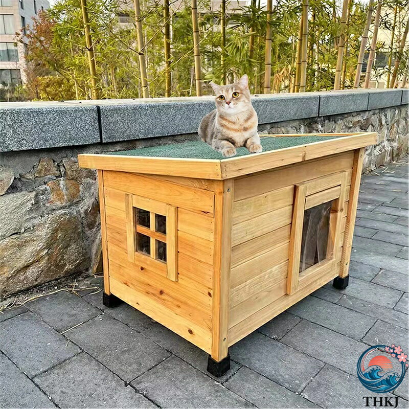 【全品2点で5%OFF】猫 ハウス 屋外 キャットハウス 猫の家 透明な窓とカーテンで雨を防ぎ、暖かく過ごせる屋外用シェルター 屋外用野良猫用シェルター 冬防風防寒 小型犬 木製 野良動物ハウス