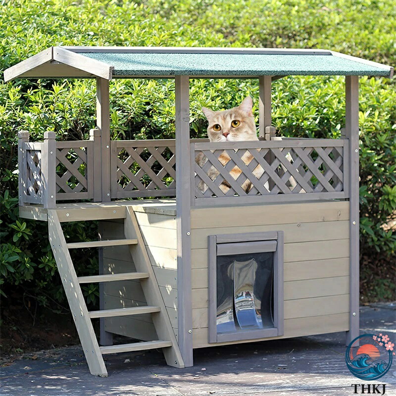 【全品5%尖んがり】猫 住みか 室外用 雨合羽 防寒 キャットハウス 2階建て THKJ 部屋の入り口窓かけ付き添い人 猫の家 木製で耐候性に優れている 室外用野ら猫保護施設