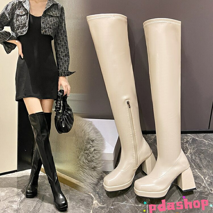 【全品2点で5%OFF】ストーム付 美脚 ストレッチ ロングブーツ ニーハイ THKJ ハイヒール8cm レディースシューズ 秋冬靴 セクシー サイハイブーツ ストーム