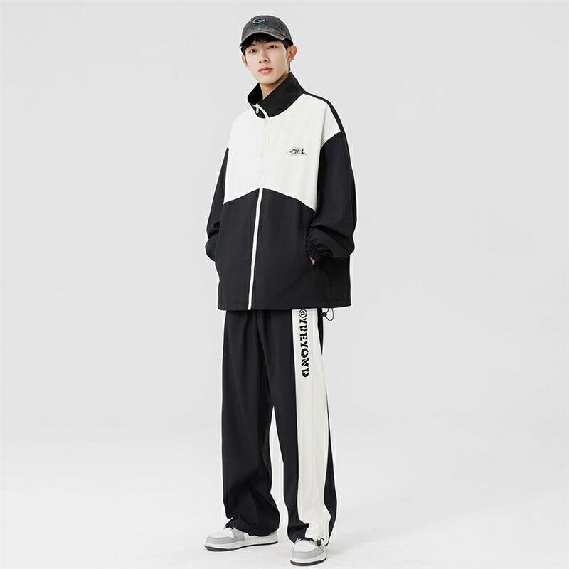 セットアップ ジャージ メンズ トップス レトロ ジャケット ゆったり アウトドア 秋 伸縮性あり 長袖 韓国風 秋服 2点 上下 セット 大きいサイズ アウター