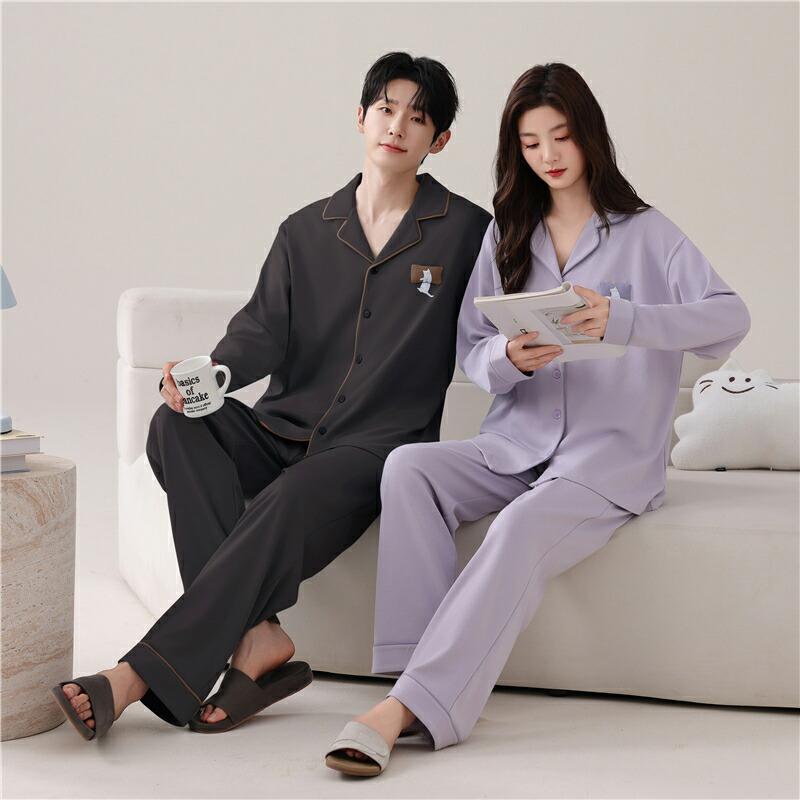 ペア パジャマ 長袖 男女2着 セット 綿100% 猫 無地 カジュアル セットアップ カップル 春 秋 ロングパンツ 高級 ルームウェア 前開き 冬 コットン 上下セット