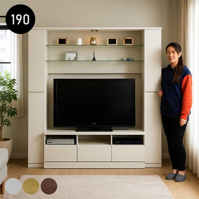 北欧 テレビボード ハイタイプ 幅190cm 白 ホワイト 壁面 テレビ台 テレビ台 収納 多い 扉付き収納棚 飾り棚 引き出し デッキ収納 LEDライト ナチュラル ブラウン 木目 壁面収納 大容量収納 リビング収納 おしゃれ 北欧スタイル シンプル 高級感