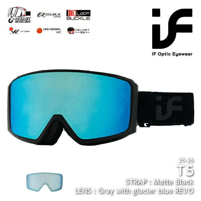 2025-26 IF GOGGLE T5 Matte Black / Gray with Glacier Blue REVO アイエフ ティーファイブ スノーボード スキー ゴーグル メンズ レディース 25-26 日本正規品