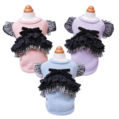 【GODPIVA】ガーリーチェックニットタンク［ゴッドピバ］犬 服 ドッグウェア タンクトップ かわいい おしゃれ リブニット コットンレース