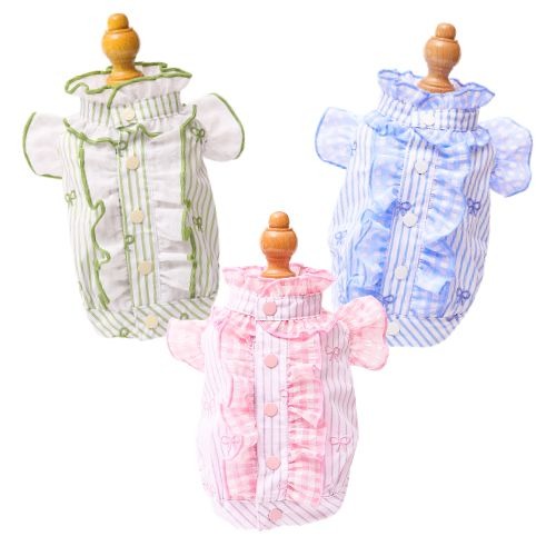 【GODPIVA】ストライプリボンフリルブラウス［ゴッドピバ］犬用 服 ドッグウェア ギンガム照合のしるし チュール
