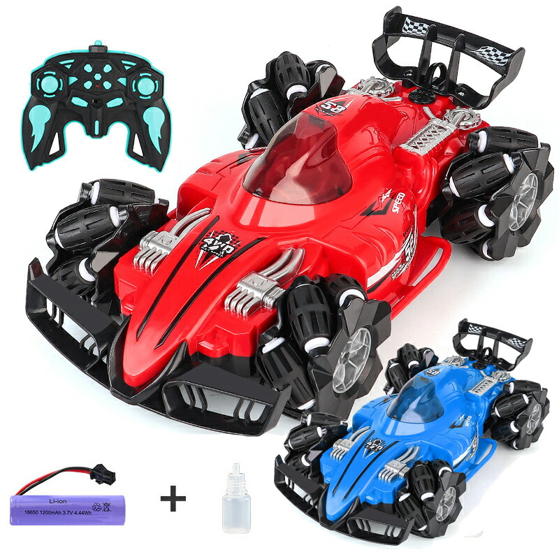 ラジコンカー スタントカー 子供 大人 おもちゃ 充電式 オフロード リモコンカー ドリフト スタント 360度回転 LED搭載 音楽 スプレー RCカー 小型 コンパクト かっこいい 子供の日 男の子 誕生日 お祝い 入学祝い プレゼント こども向け 2色